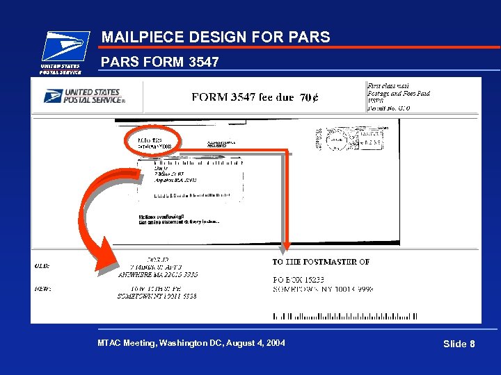 MAILPIECE DESIGN FOR PARS FORM 3547 MTAC Meeting, Washington DC, August 4, 2004 Slide