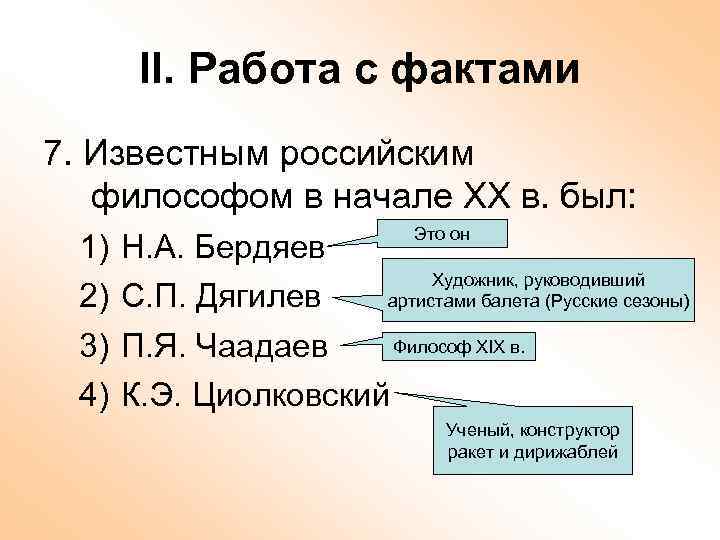 II. Работа с фактами 7. Известным российским философом в начале ХХ в. был: 1)