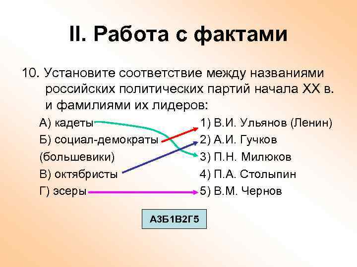 II. Работа с фактами 10. Установите соответствие между названиями российских политических партий начала ХХ