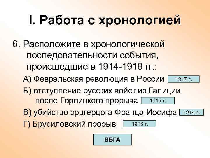 I. Работа с хронологией 6. Расположите в хронологической последовательности события, происшедшие в 1914 -1918