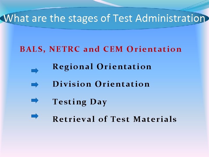 What are the stages of Test Administration BALS, NETRC and CEM Orientation Regional Orientation