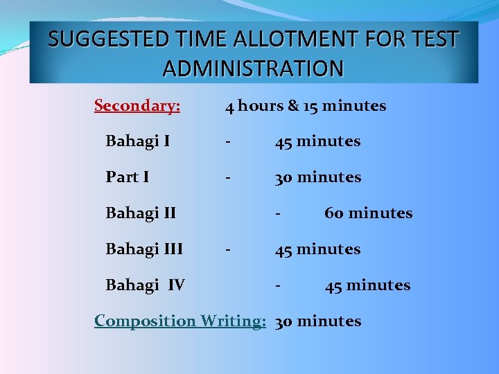 SUGGESTED TIME ALLOTMENT FOR TEST ADMINISTRATION Secondary: 4 hours & 15 minutes Bahagi I