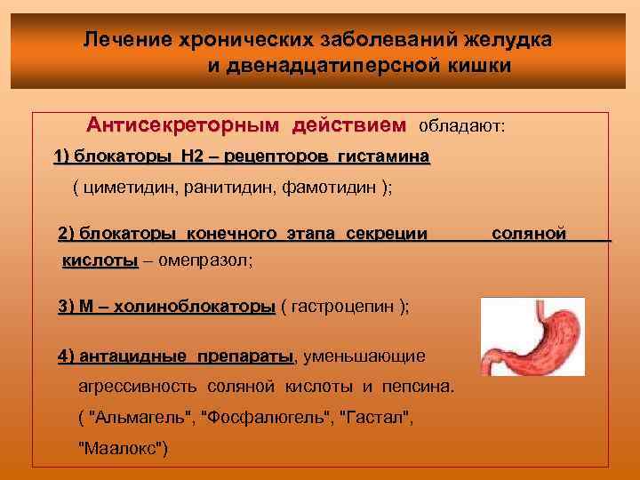 Лечение хронических заболеваний желудка и двенадцатиперсной кишки Антисекреторным действием обладают: 1) блокаторы Н 2