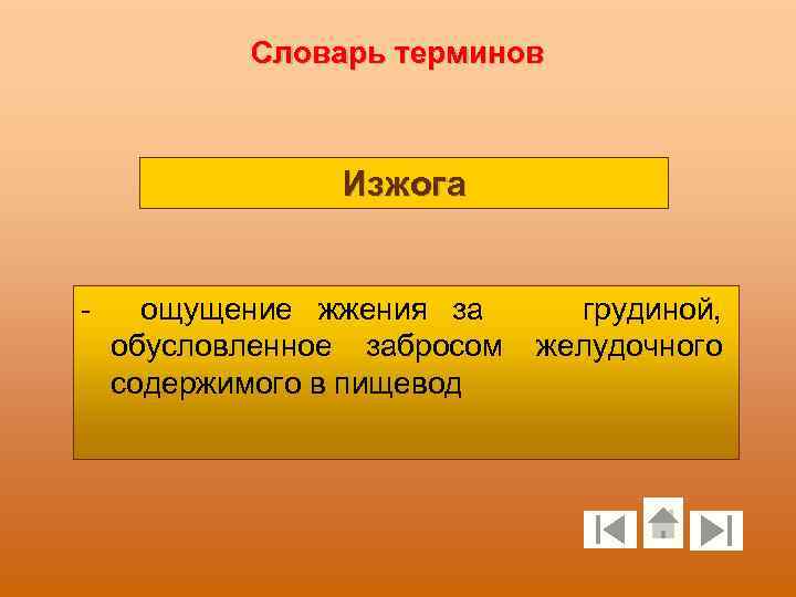 Словарь терминов Изжога - ощущение жжения за обусловленное забросом содержимого в пищевод грудиной, желудочного