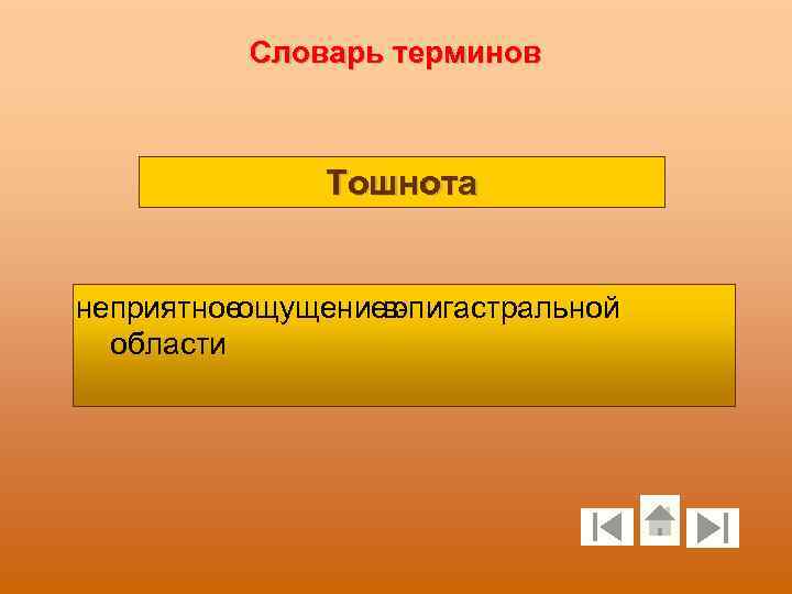 Словарь терминов Тошнота неприятноеощущениевэпигастральной области 