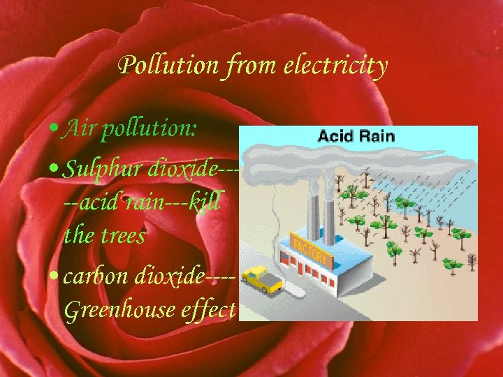 Pollution from electricity • Air pollution: • Sulphur dioxide----acid rain---kill the trees • carbon