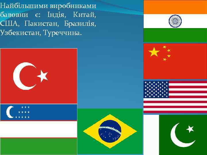 Найбільшими виробниками бавовни є: Індія, Китай, США, Пакистан, Бразилія, Узбекистан, Туреччина. 