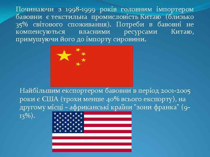 Починаючи з 1998 -1999 років головним імпортером бавовни є текстильна промисловість Китаю (близько 35%