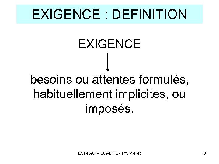 EXIGENCE : DEFINITION EXIGENCE besoins ou attentes formulés, habituellement implicites, ou imposés. ESINSA 1