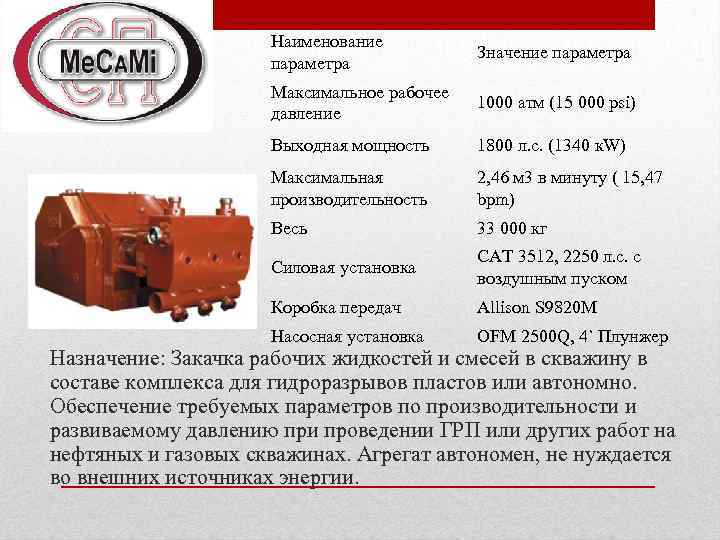 Наименование параметра Значение параметра Максимальное рабочее давление 1000 атм (15 000 psi) Выходная мощность