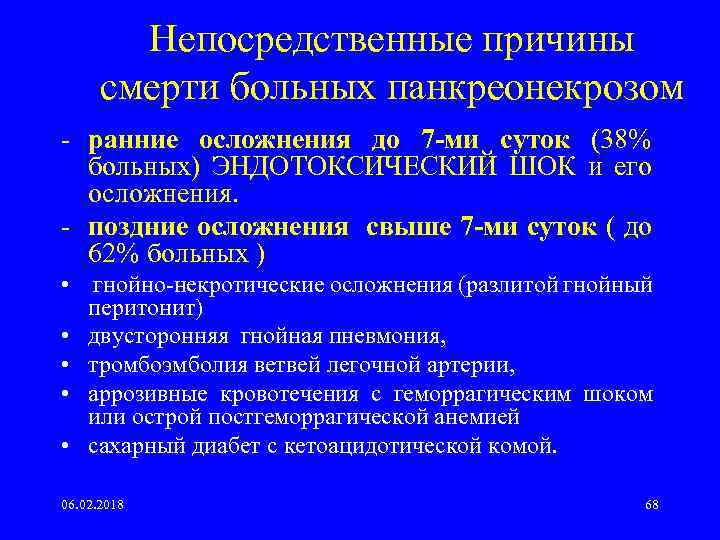 Непосредственные причины смерти больных панкреонекрозом - ранние осложнения до 7 -ми суток (38% больных)