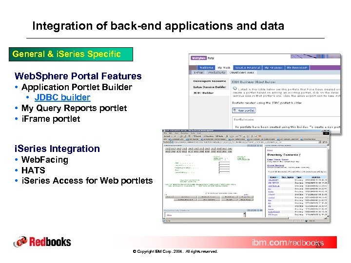 Integration of back-end applications and data General & i. Series Specific Web. Sphere Portal