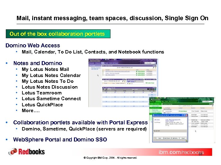 Mail, instant messaging, team spaces, discussion, Single Sign On Out of the box collaboration
