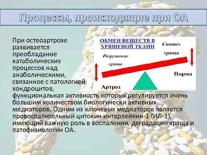 Процессы, происходящие при ОА При остеоартрозе развивается преобладание катаболических процессов над анаболическими, связанное с