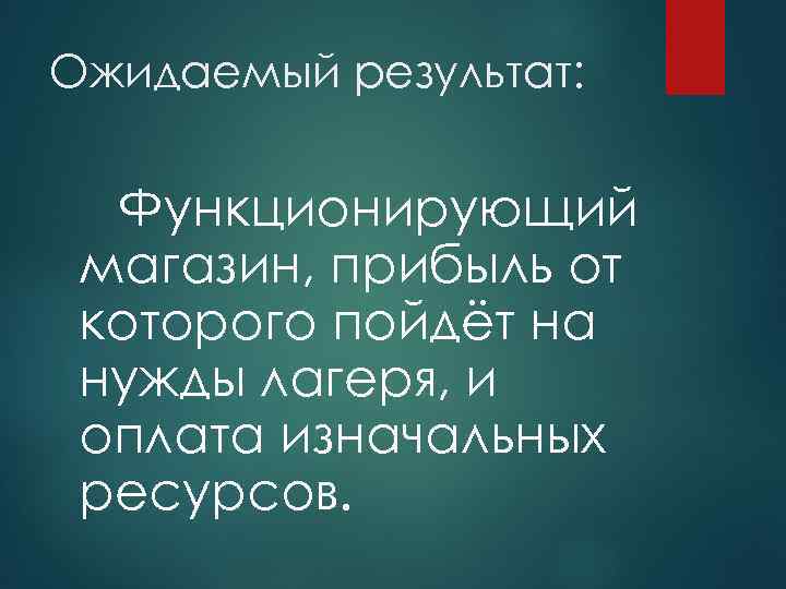 Ожидаемый результат: Функционирующий магазин, прибыль от которого пойдёт на нужды лагеря, и оплата изначальных
