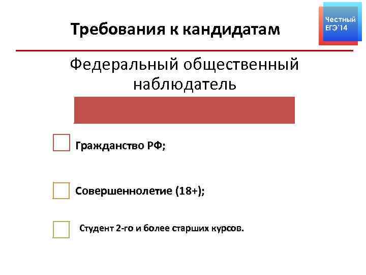 Требования к кандидатам Федеральный общественный наблюдатель Гражданство РФ; Совершеннолетие (18+); Студент 2 -го и