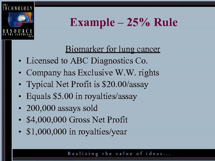 Example – 25% Rule • • Biomarker for lung cancer Licensed to ABC Diagnostics