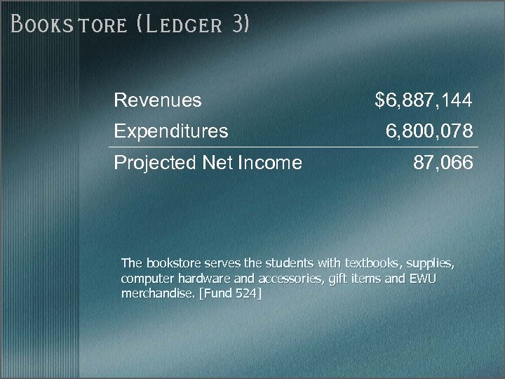 Bookstore (Ledger 3) Revenues Expenditures Projected Net Income $6, 887, 144 6, 800, 078