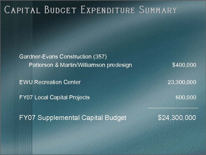 Capital Budget Expenditure Summary Gardner-Evans Construction (357) Patterson & Martin/Williamson predesign EWU Recreation Center