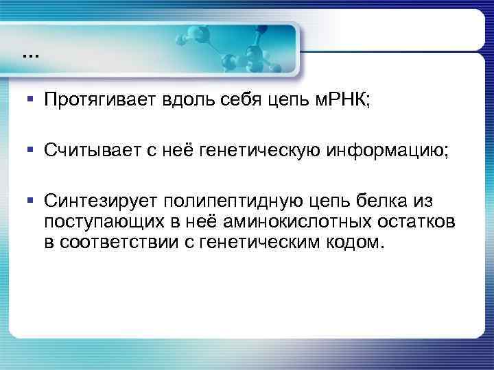 … § Протягивает вдоль себя цепь м. РНК; § Считывает с неё генетическую информацию;