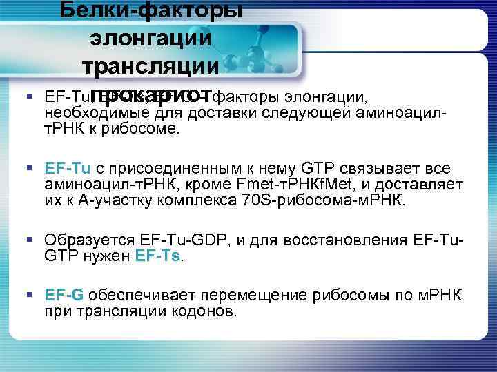 § Белки-факторы элонгации трансляции прокариот EF-Tu, EF-Ts, EF-G – факторы элонгации, необходимые для доставки