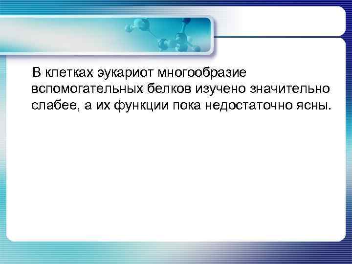 В клетках эукариот многообразие вспомогательных белков изучено значительно слабее, а их функции пока недостаточно