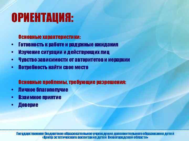 ОРИЕНТАЦИЯ: • • Основные характеристики: Готовность к работе и радужные ожидания Изучение ситуации и