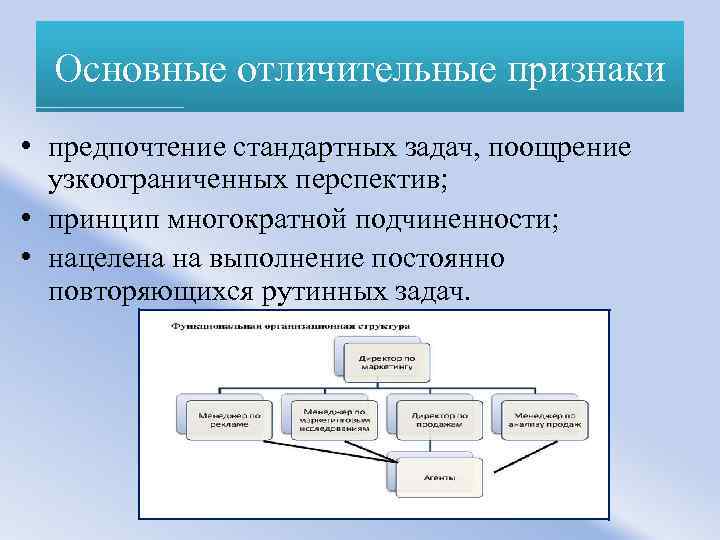 Основные отличительные признаки • предпочтение стандартных задач, поощрение узкоограниченных перспектив; • принцип многократной подчиненности;