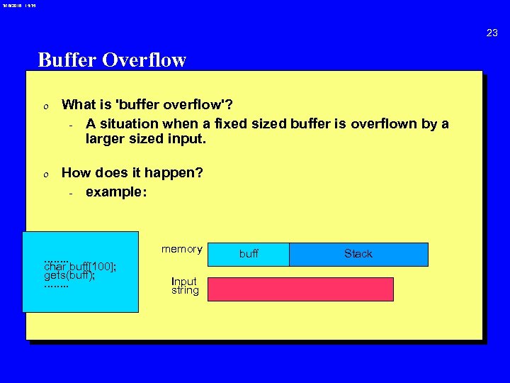 3/18/2018 15: 35 23 Buffer Overflow 0 What is 'buffer overflow'? - A situation