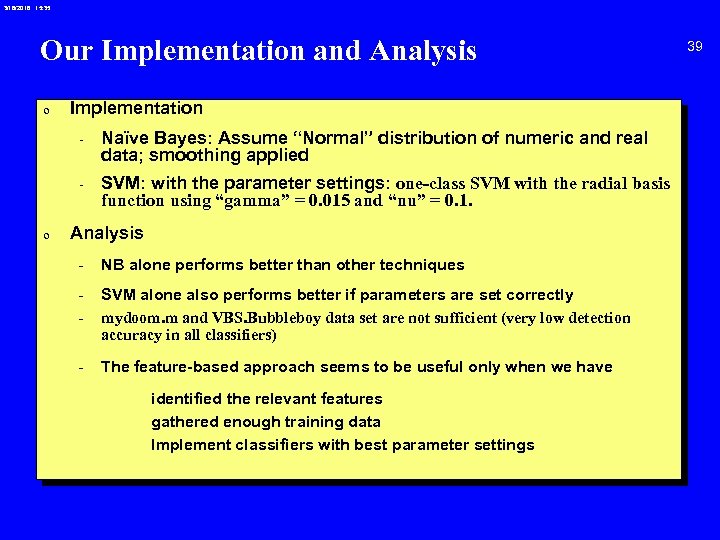 3/18/2018 15: 35 Our Implementation and Analysis 0 Implementation - Naïve Bayes: Assume “Normal”