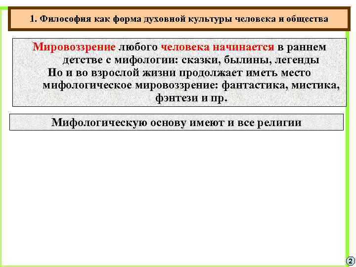 1. Философия как форма духовной культуры человека и общества Мировоззрение любого человека начинается в