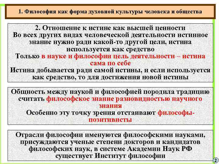 1. Философия как форма духовной культуры человека и общества 2. Отношение к истине как