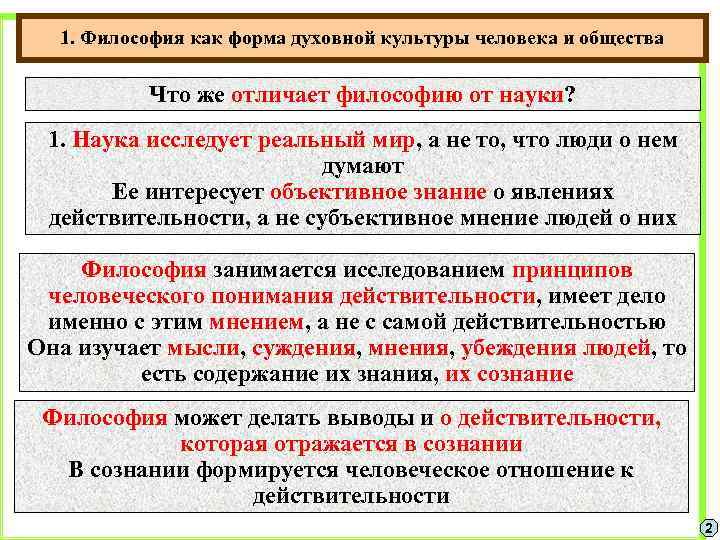 1. Философия как форма духовной культуры человека и общества Что же отличает философию от