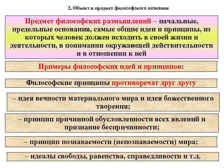 2. Объект и предмет философского познания Предмет философских размышлений – начальные, предельные основания, самые