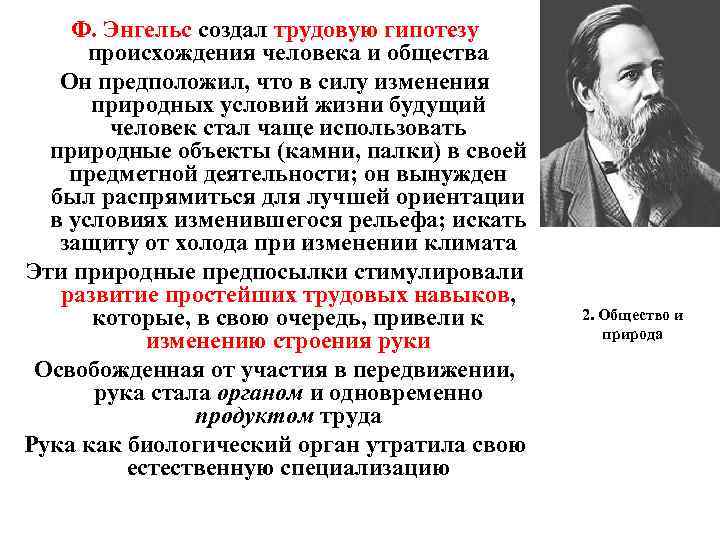 Ф. Энгельс создал трудовую гипотезу происхождения человека и общества Он предположил, что в силу