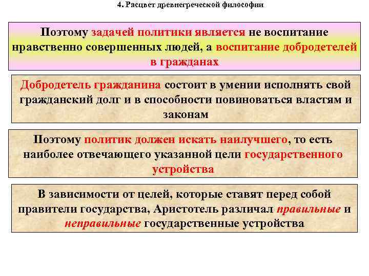 4. Расцвет древнегреческой философии Поэтому задачей политики является не воспитание нравственно совершенных людей, а
