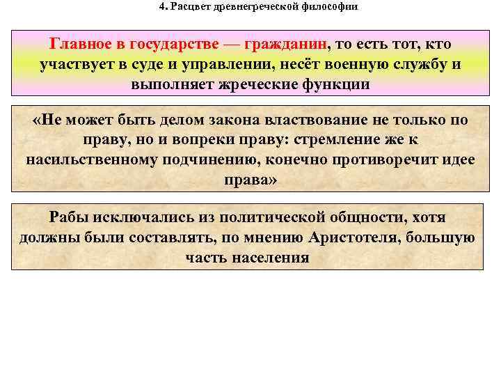 4. Расцвет древнегреческой философии Главное в государстве — гражданин, то есть тот, кто участвует