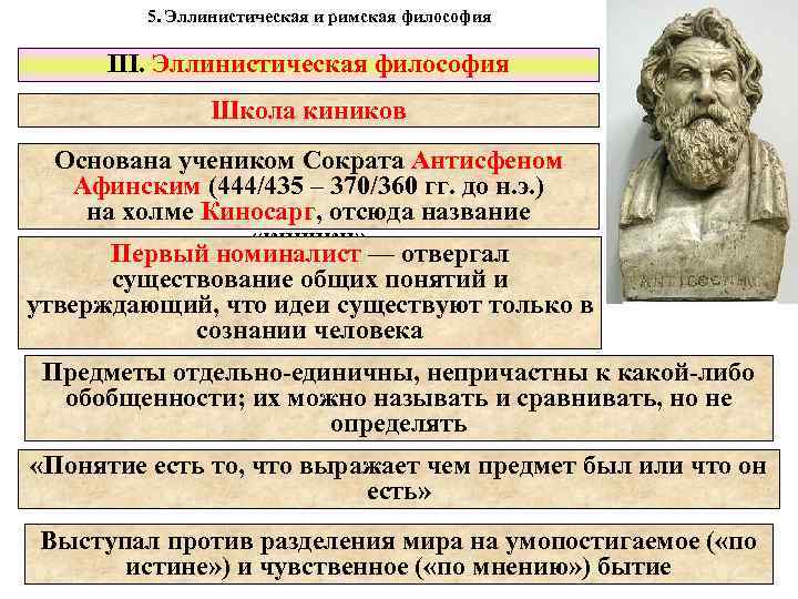 5. Эллинистическая и римская философия III. Эллинистическая философия Школа киников Основана учеником Сократа Антисфеном