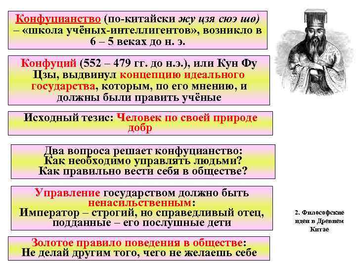 Конфуцианство (по-китайски жу цзя сюэ шо) – «школа учёных-интеллигентов» , возникло в 6 –