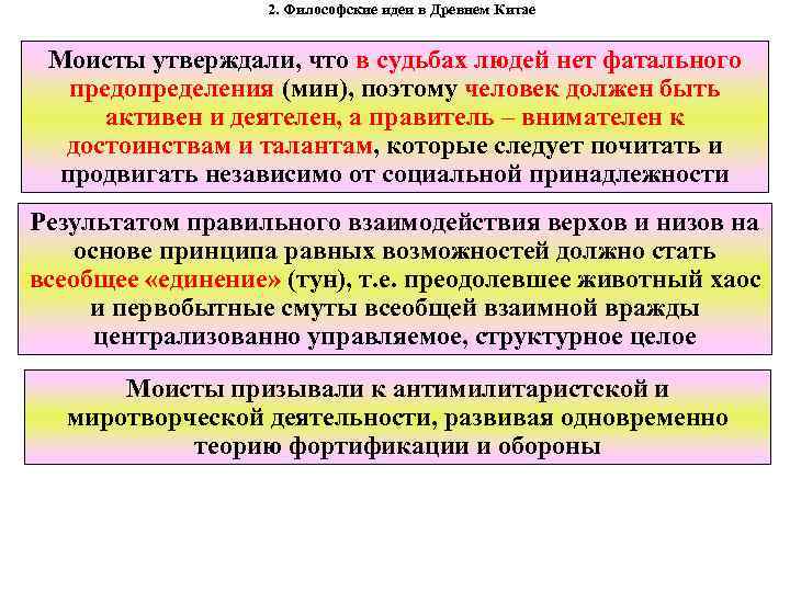 2. Философские идеи в Древнем Китае Моисты утверждали, что в судьбах людей нет фатального
