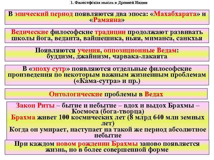 1. Философская мысль в Древней Индии В эпический период появляются два эпоса: «Махабхарата» и