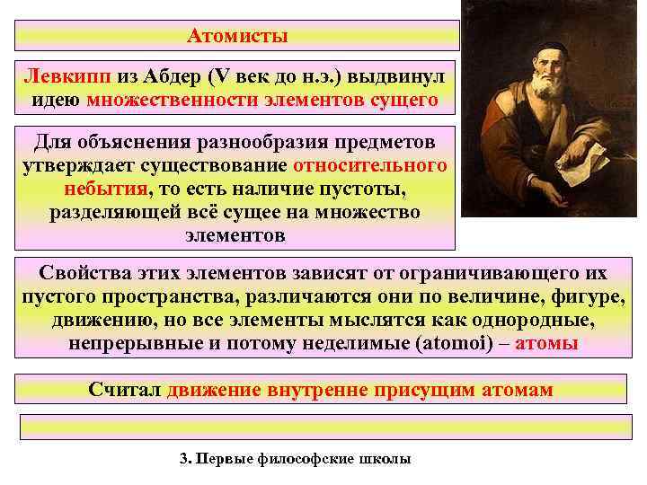 Атомисты Левкипп из Абдер (V век до н. э. ) выдвинул идею множественности элементов
