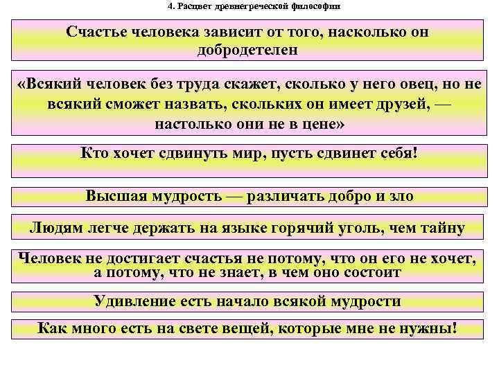 4. Расцвет древнегреческой философии Счастье человека зависит от того, насколько он добродетелен «Всякий человек