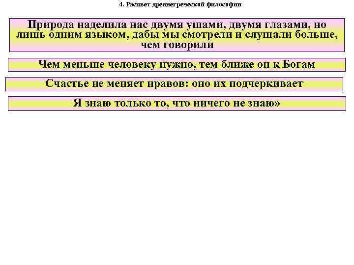 4. Расцвет древнегреческой философии Природа наделила нас двумя ушами, двумя глазами, но лишь одним