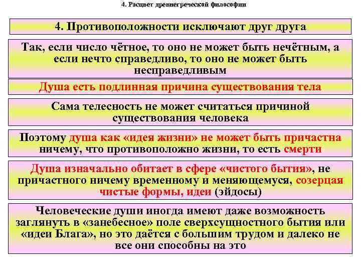 4. Расцвет древнегреческой философии 4. Противоположности исключают друга Так, если число чётное, то оно