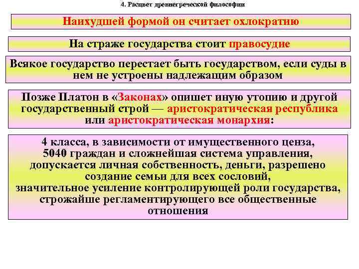 4. Расцвет древнегреческой философии Наихудшей формой он считает охлократию На страже государства стоит правосудие