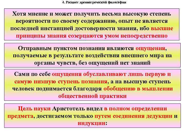 4. Расцвет древнегреческой философии Хотя мнение и может получить весьма высокую степень вероятности по