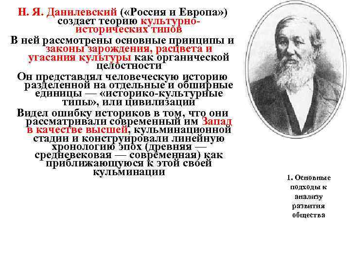 Н. Я. Данилевский ( «Россия и Европа» ) создает теорию культурноисторических типов В ней