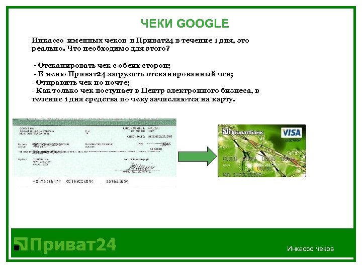 ЧЕКИ GOOGLE Инкассо именных чеков в Приват24 в течение 1 дня, это реально. Что