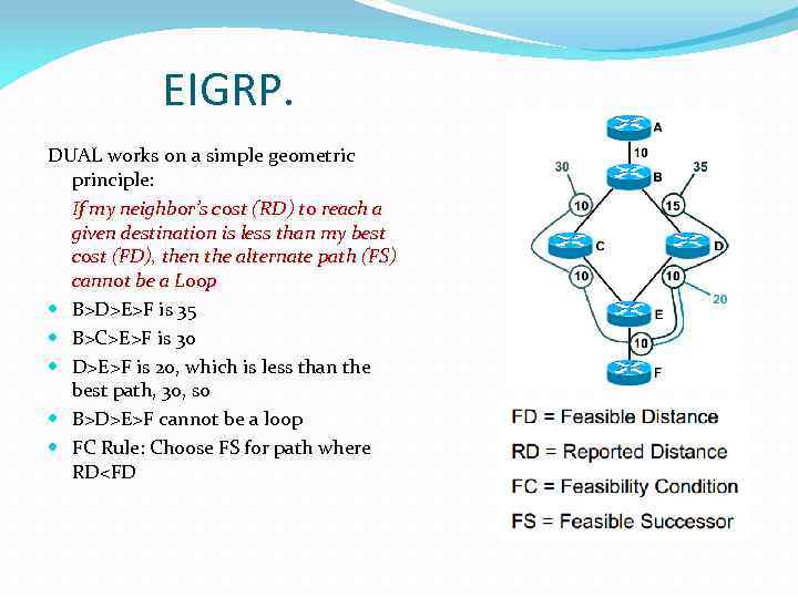 EIGRP. DUAL works on a simple geometric principle: If my neighbor’s cost (RD) to